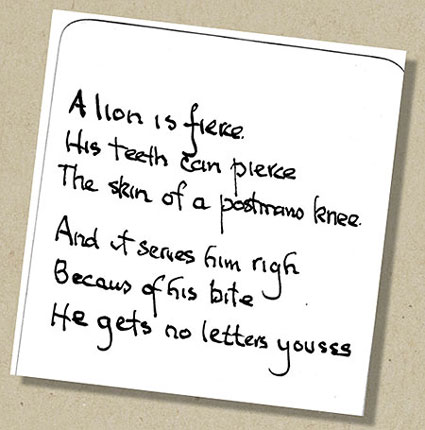 Back of a card from Spike Milligan, around 1990.